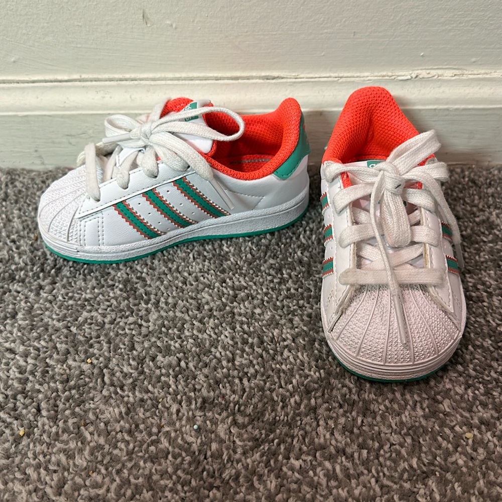 Adidas 6T sneakers orange, green, and white